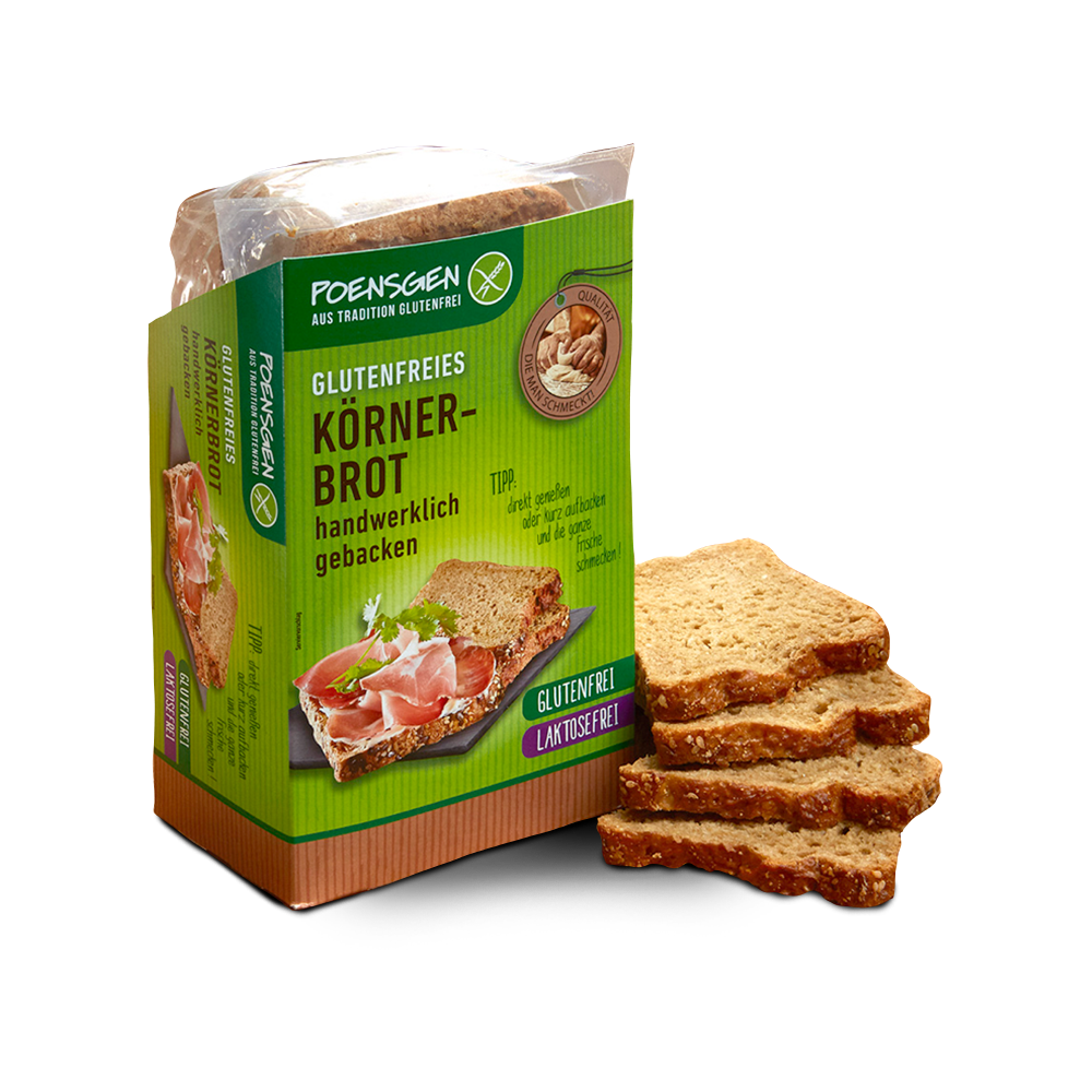 Plastikverpackung mit grün-braunem Etikett für das Poensgen glutenfreies, laktosefreies Körnerbrot, daneben vier Scheiben