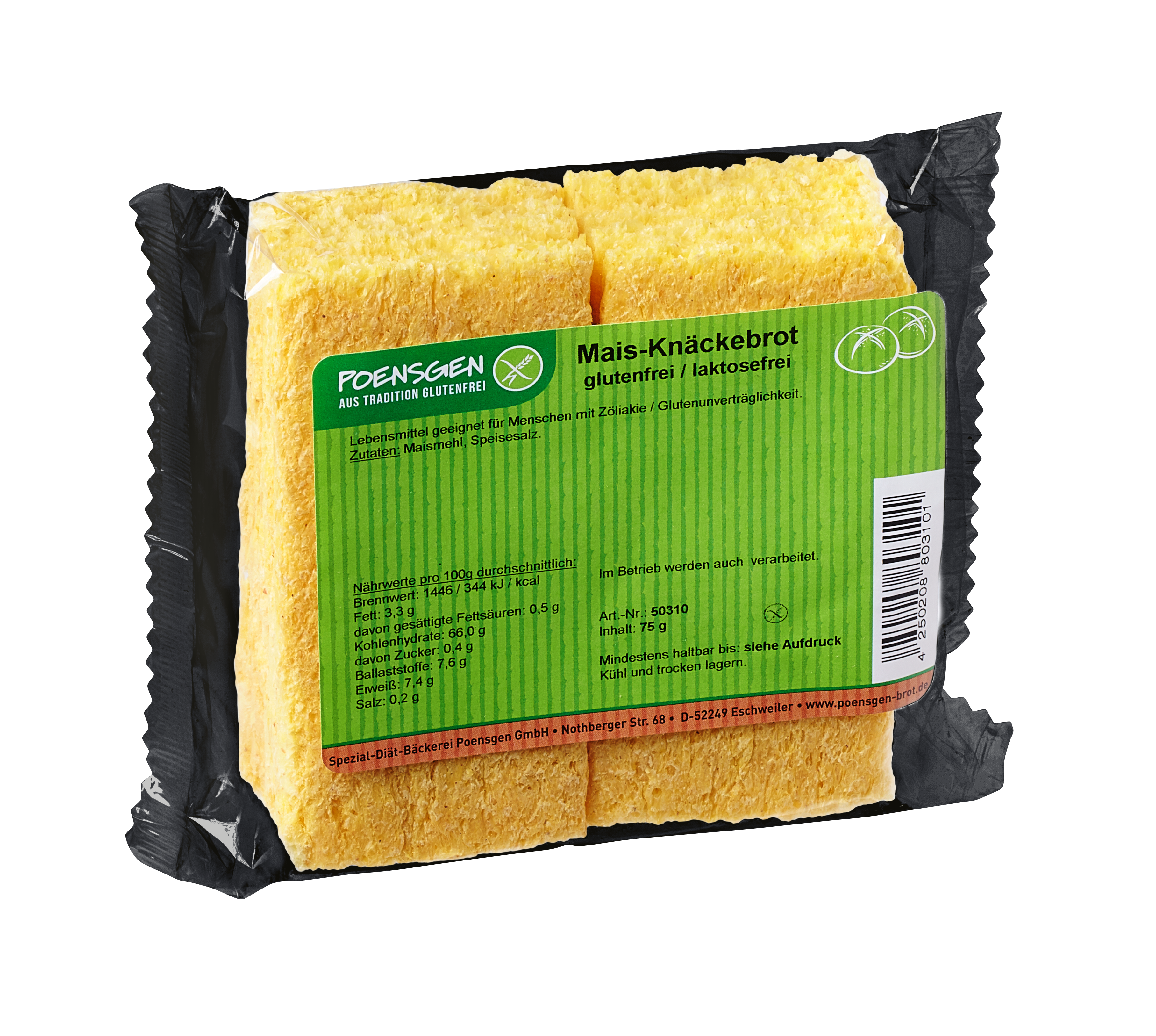 Helles, rechteckiges Mais-Knäckebrot in Produktverpackung mit grünem Etikett