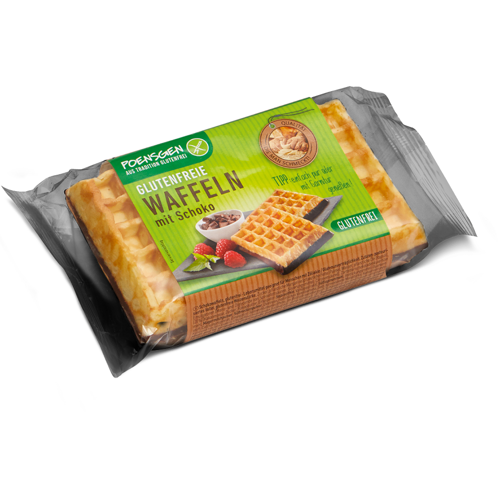 Zwei goldgelbe glutenfreie Waffeln mit in Schokolade getauchter Unterseite in Produktverpackung mit grünem Poensgen Etikett