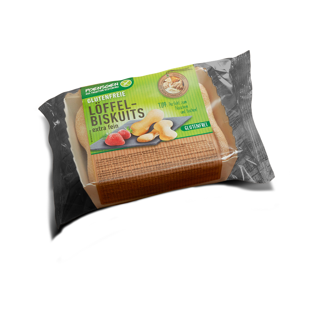 Glutenfreie Löffelbiskuit in typischer Fingerform mit leichter Zuckerkruste in Produktverpackung mit grünem Etikett