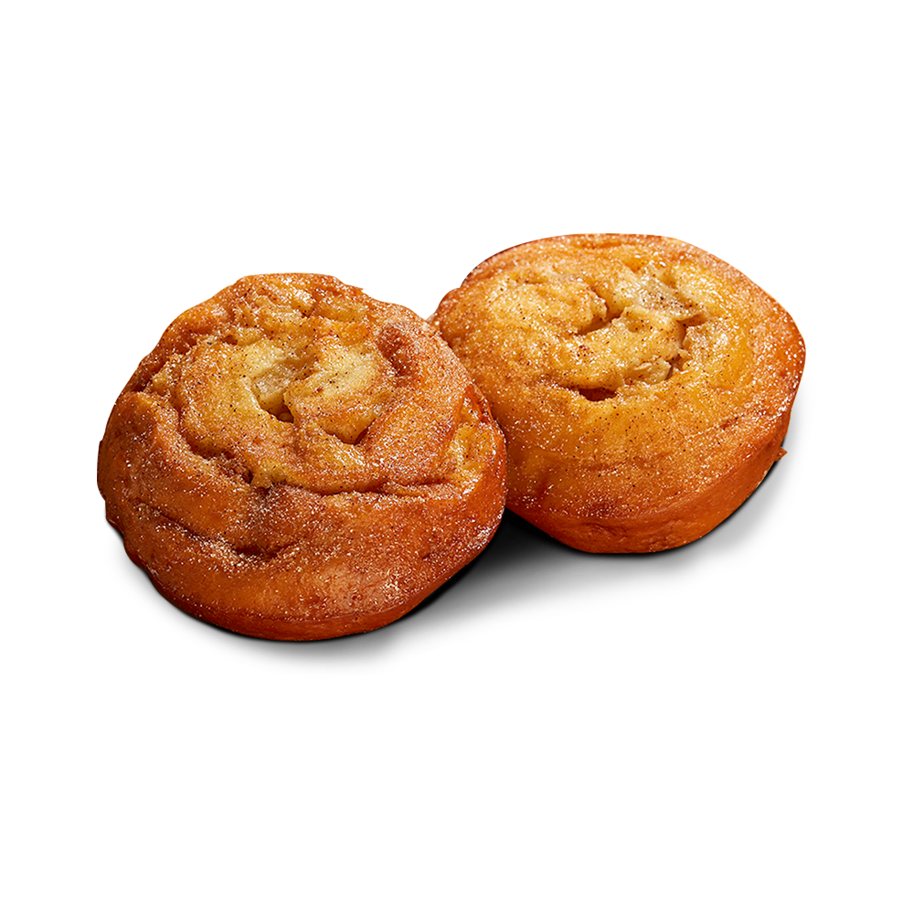 Zwei runde glutenfreie Poensgen Apfelberliner mit Äpfeln und Zimt