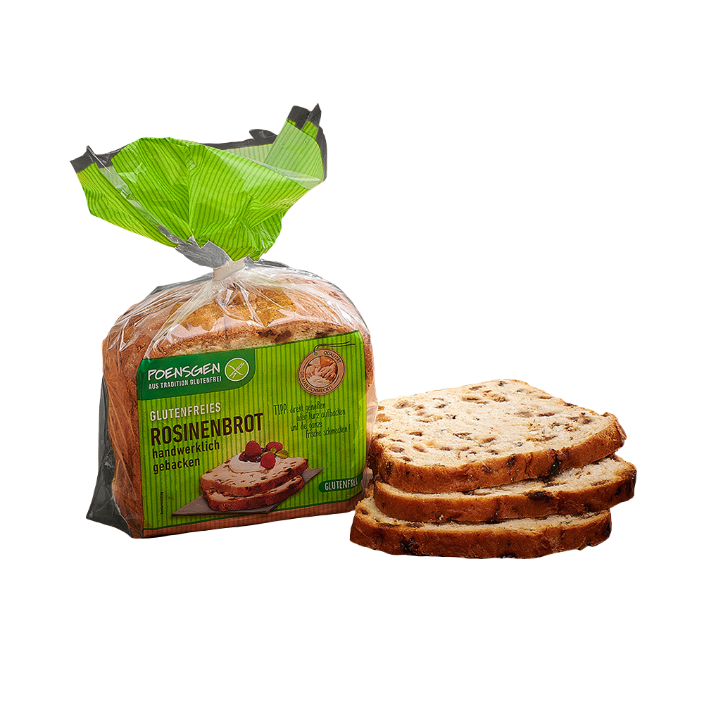 Drei braune Scheiben von Poensgen Rosinenbrot, daneben die Produktverpackung, eine transparente Brottüte mit grünem Etikett