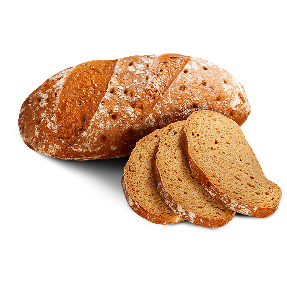 Drei mittelbraune Scheiben neben einem ganzen länglichen Laib glutenfreien Sauerteigbrots