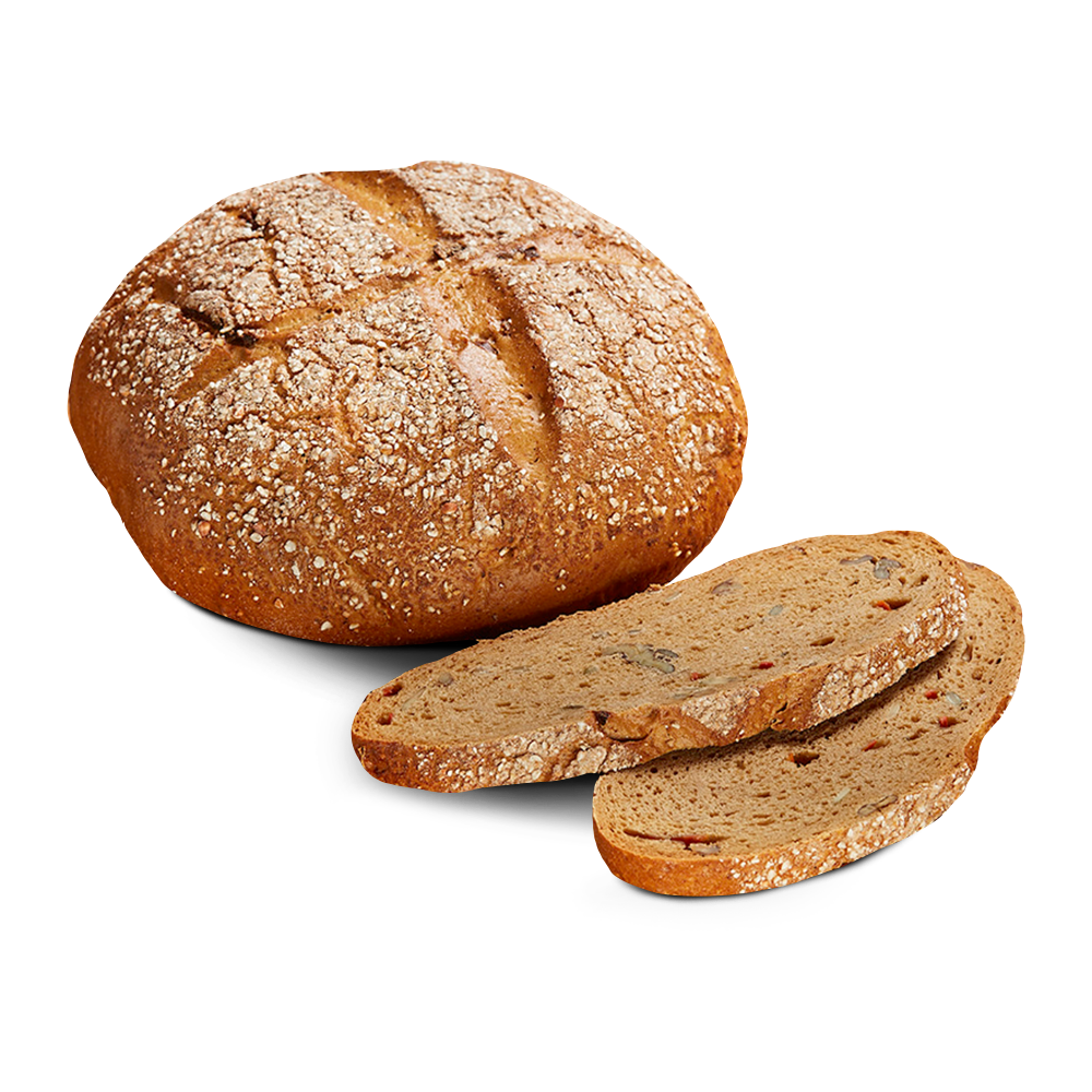 Ein runder Laib frisches, glutenfreies, laktosefreies Fitnessbrot, daneben zwei Scheiben 