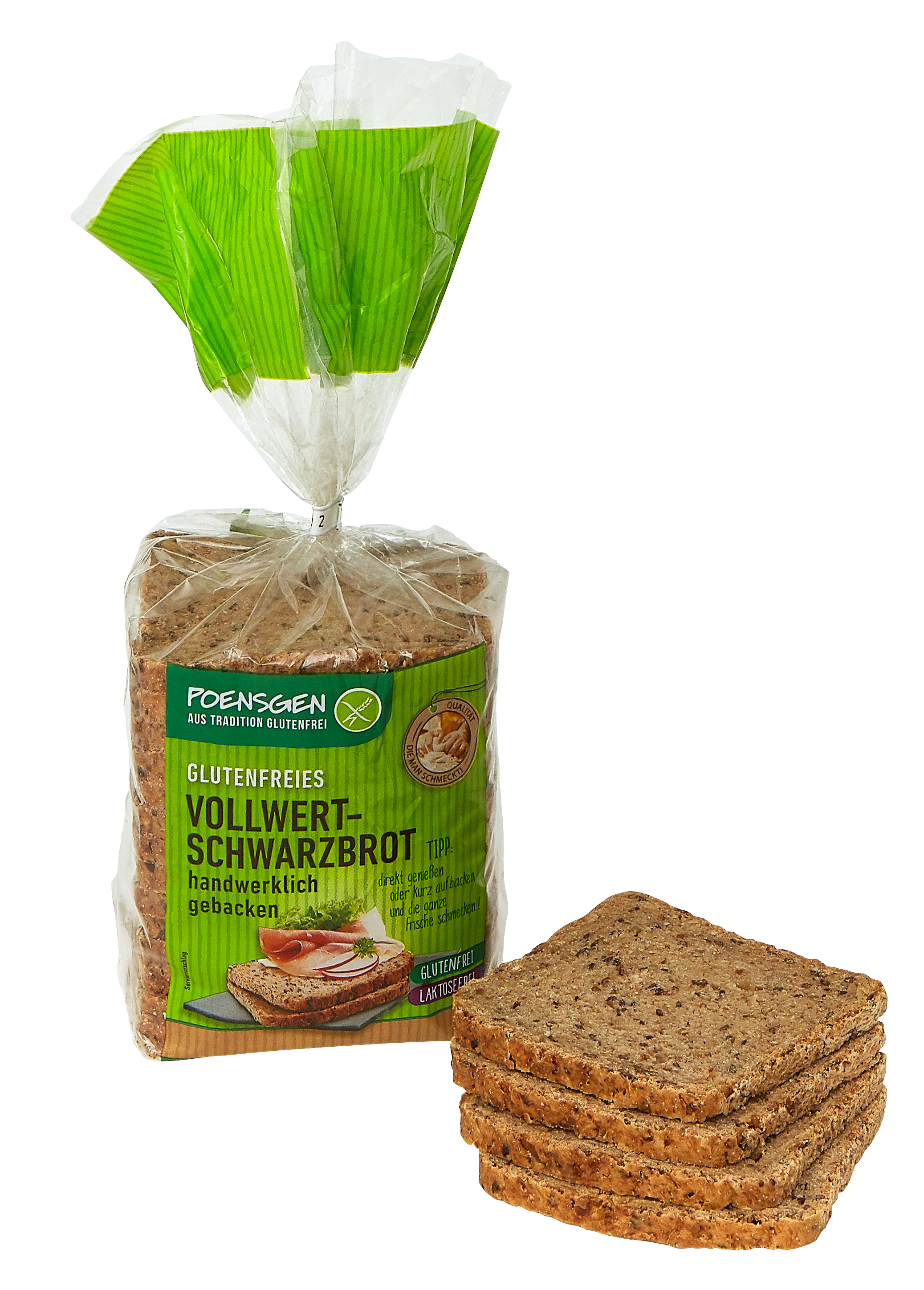 Vier eckige Scheiben glutenfreies Vollwert-Schwarzbrot neben einer transparenten Produktverpackung mit grünem Etikett