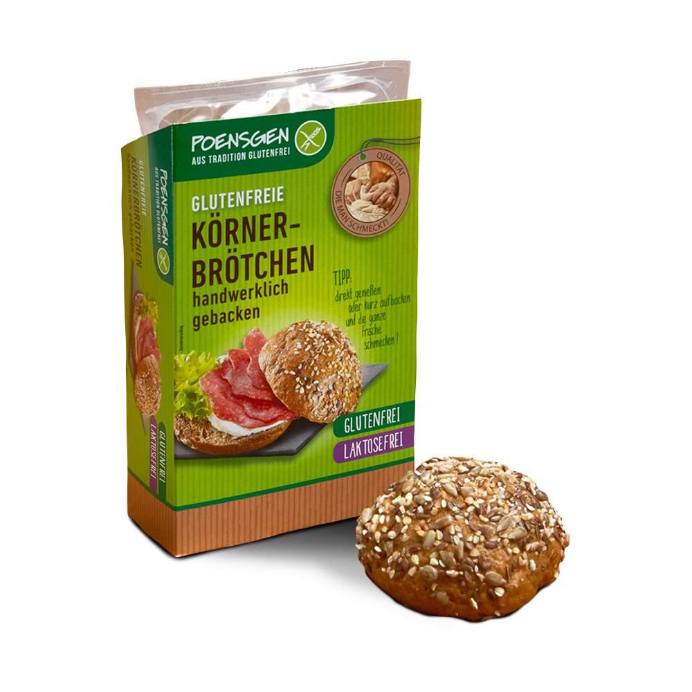 Plastikverpackung mit grün-braunem Etikett für das Poensgen glutenfreie Körnerbrötchen, ein Körnerbrötchen daneben