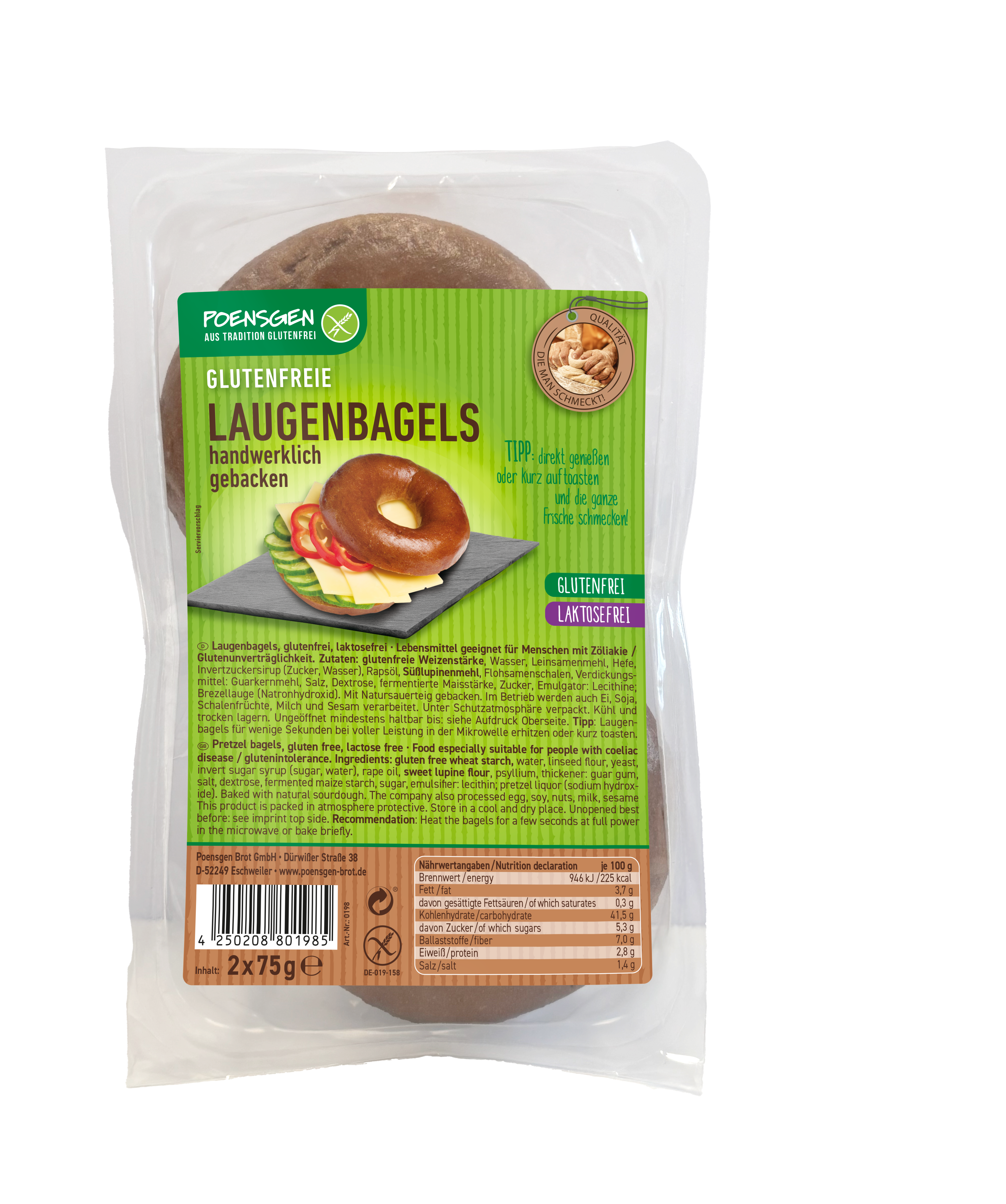 Plastikverpackung mit grün-braunem Etikett für die Poensgen glutenfreien, laktosefreien, haltbaren Laugenbagels