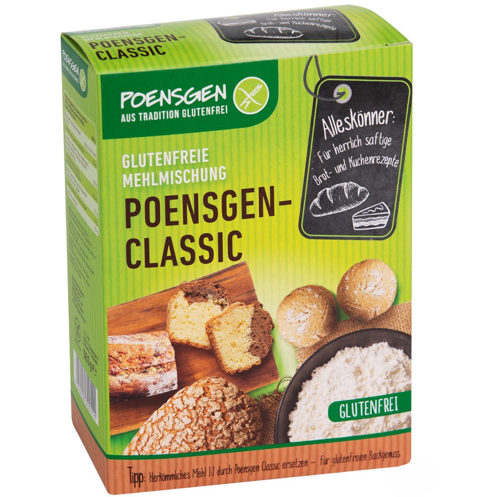 Grüner Karton mit Poensgen-Classic glutenfreie Mehlmischung für Backen zuhause