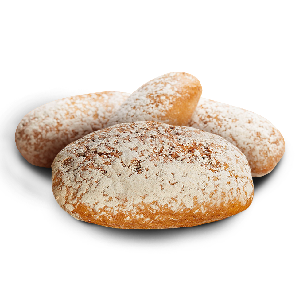 Vier ovale mit Mehl bestäubte glutenfreie Buttermilchbrötchen von Poensgen
