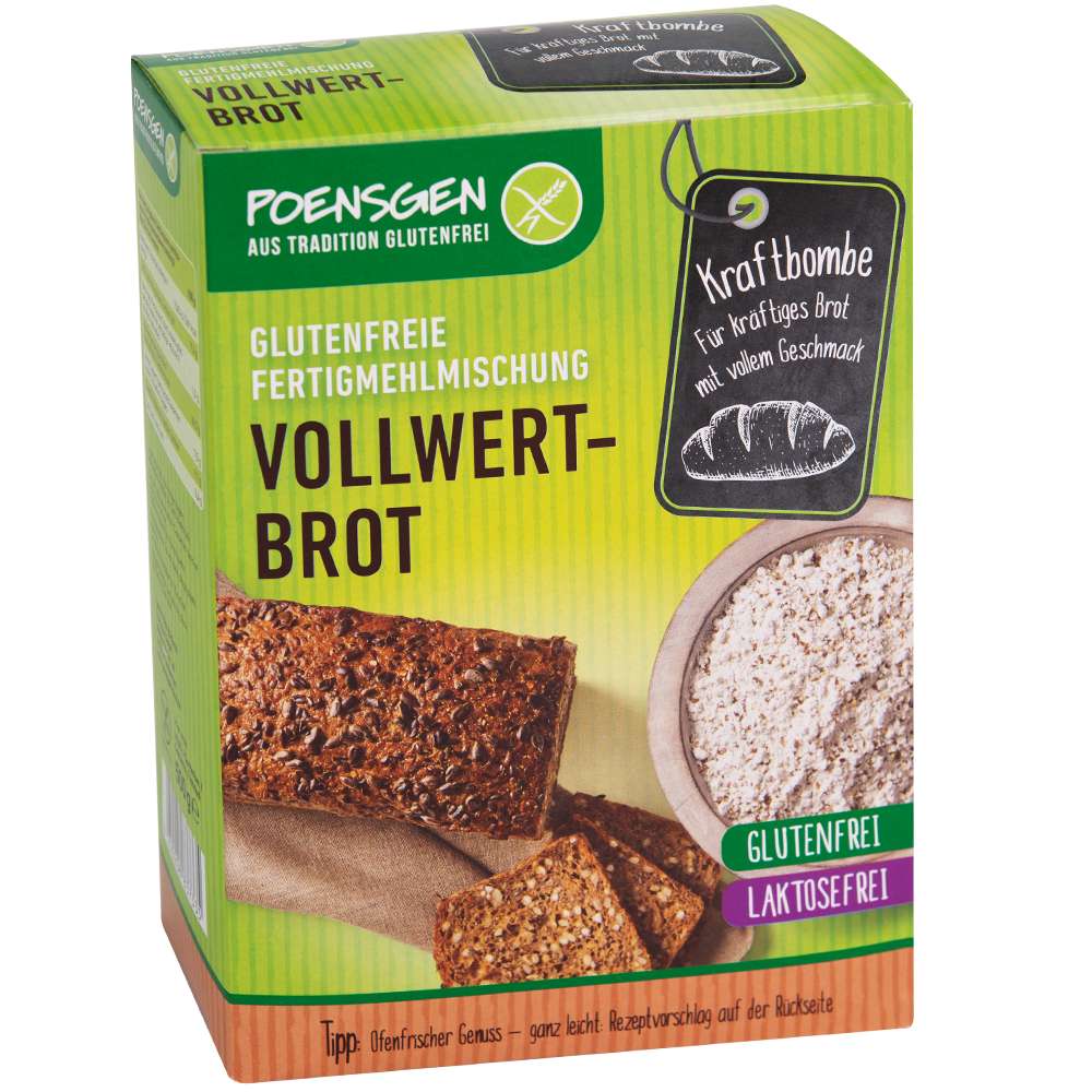 Produktverpackung grüner Karton mit Abbildungen von Mehl und einem fertigen Laib glutenfreien Vollwertbrots