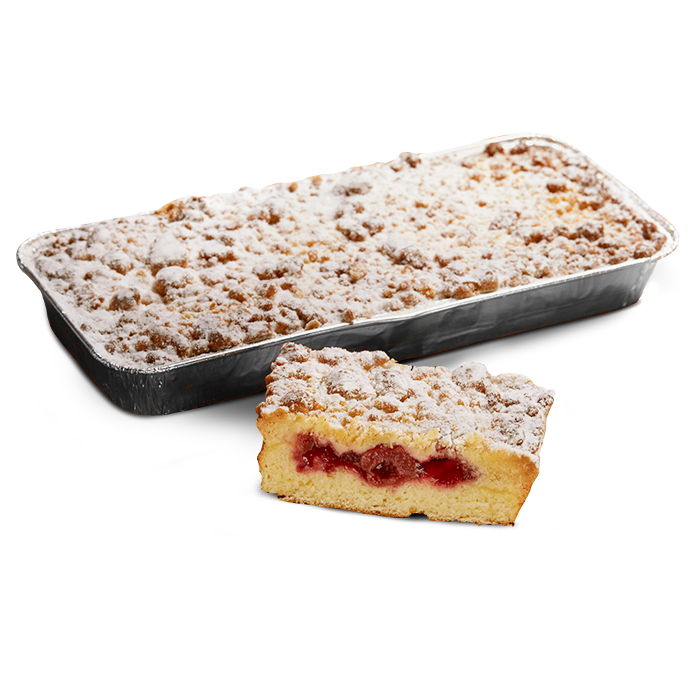 Kastenförmiger, glutenfreier Kirschstreusel mit Puderzucker in Aluschale, davor ein Stück Kirschstreusel, von Poensgen