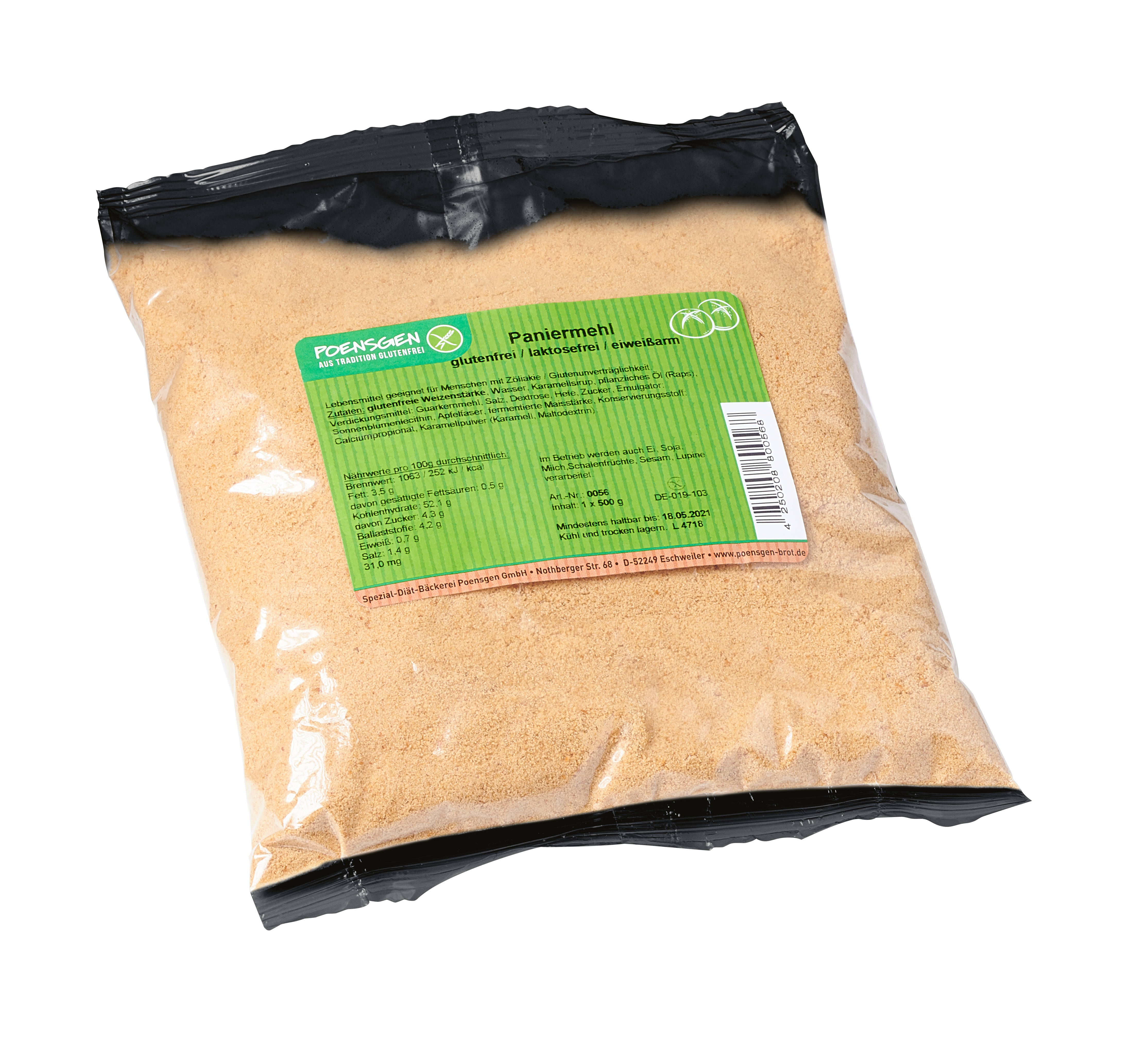 Poensgen glutenfreies, laktosefreies Paniermehl in Verpackungstüte mit grünem Etikett