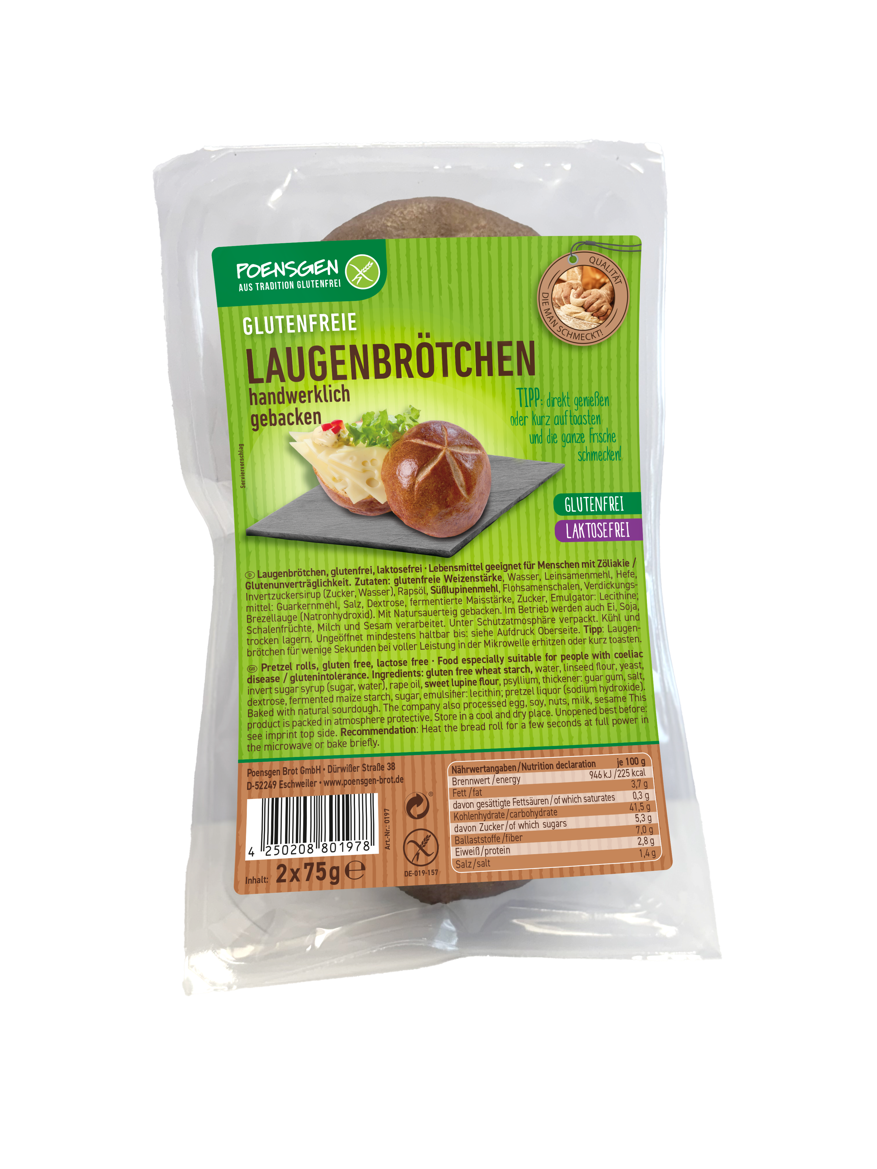 Plastikverpackung mit grün-braunem Etikett für die Poensgen glutenfreien, laktosefreien, haltbaren Laugenbrötchen