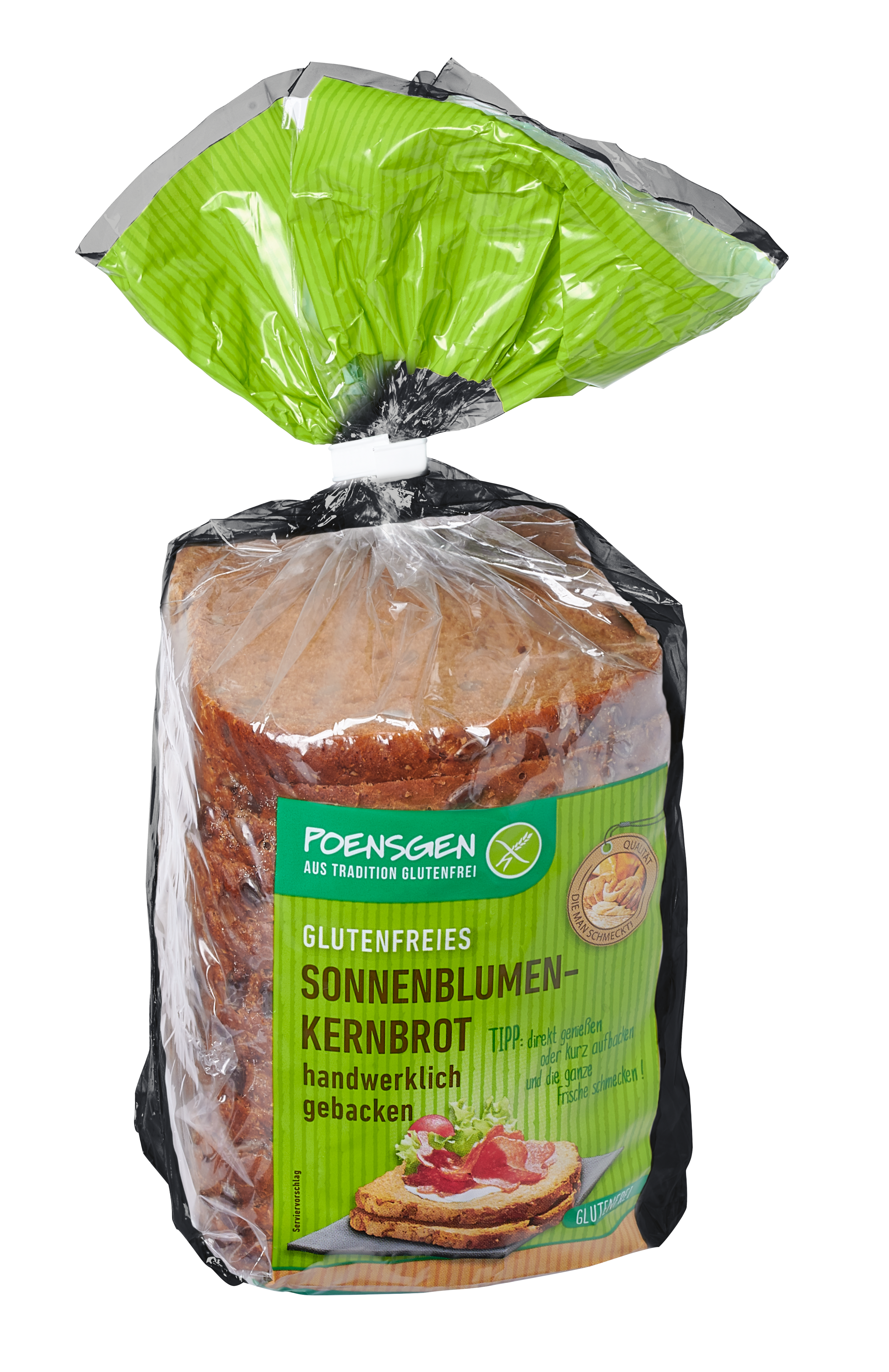 Mehrere Scheiben Sonnenblumenkernbrot geschnitten in der Produkverpackung, eine transparente Brötchentüte mit grünem Etikett