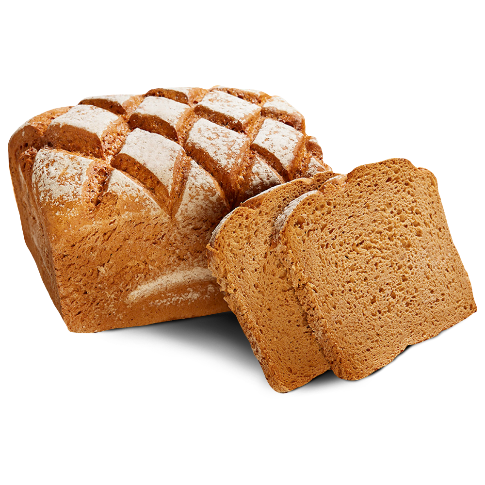 Kastenförmiges, glutenfreies Kosakenbrot von Poensgen, zwei Scheiben daneben