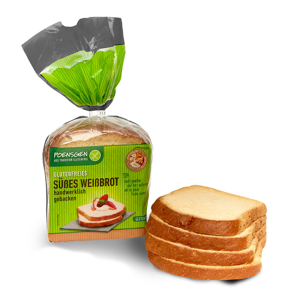 Vier helle Scheiben glutenfreies süßes Weißbrot neben der Produktverpackung mit grünem Etikett