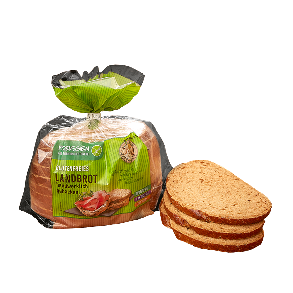 Drei braune Scheiben von Poensgen Landbrot, daneben die Produktverpackung, eine transparente Brottüte mit grünem Etikett