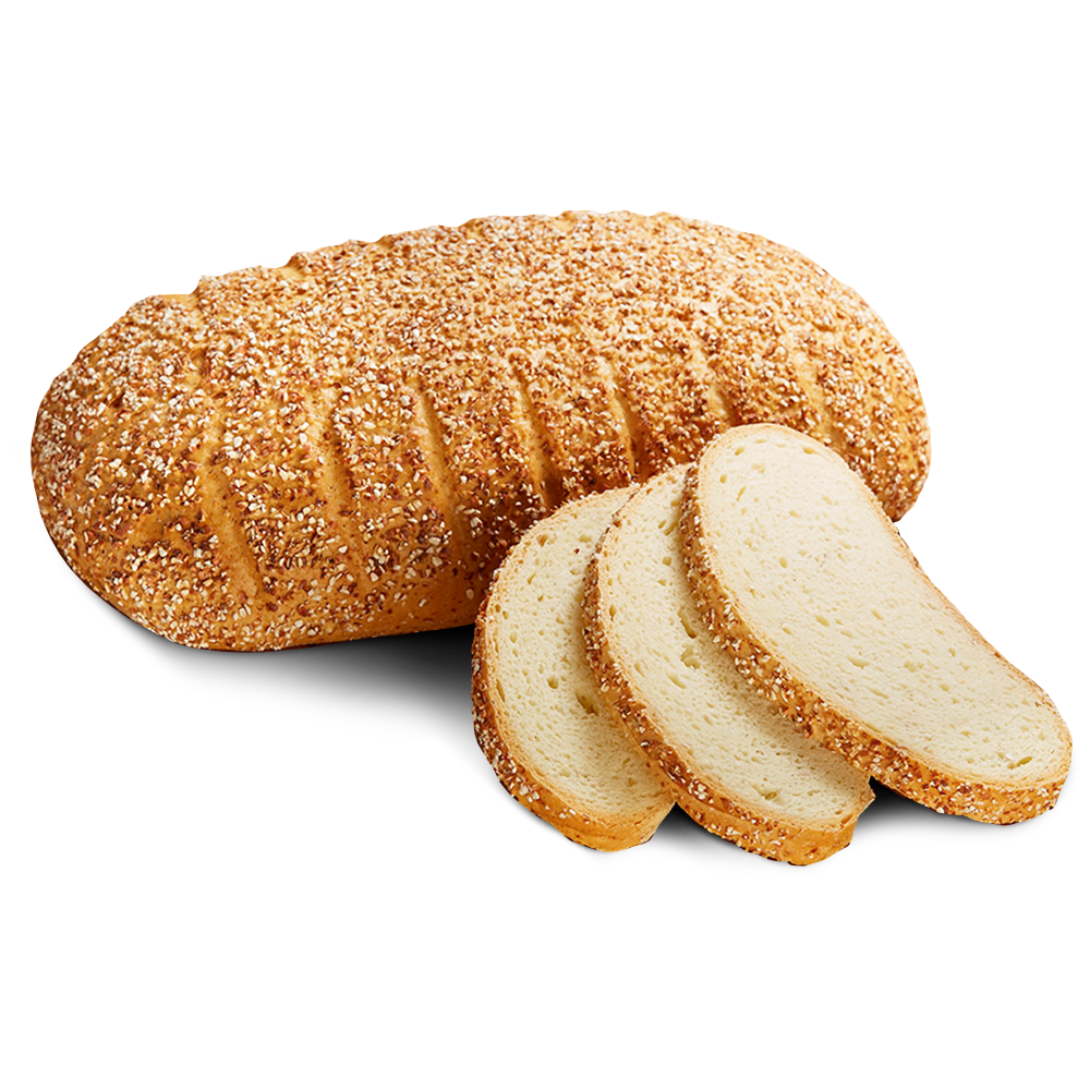 Ein ovaler Laib frisches, glutenfreies, laktosefreies Krustenbrot, daneben drei Scheiben 