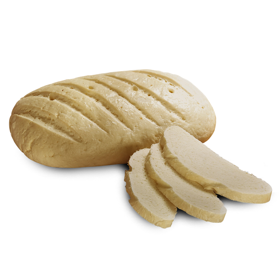 Ein ovaler Laib frisches, glutenfreies, laktosefreies Weissbrot, daneben zwei Scheiben 