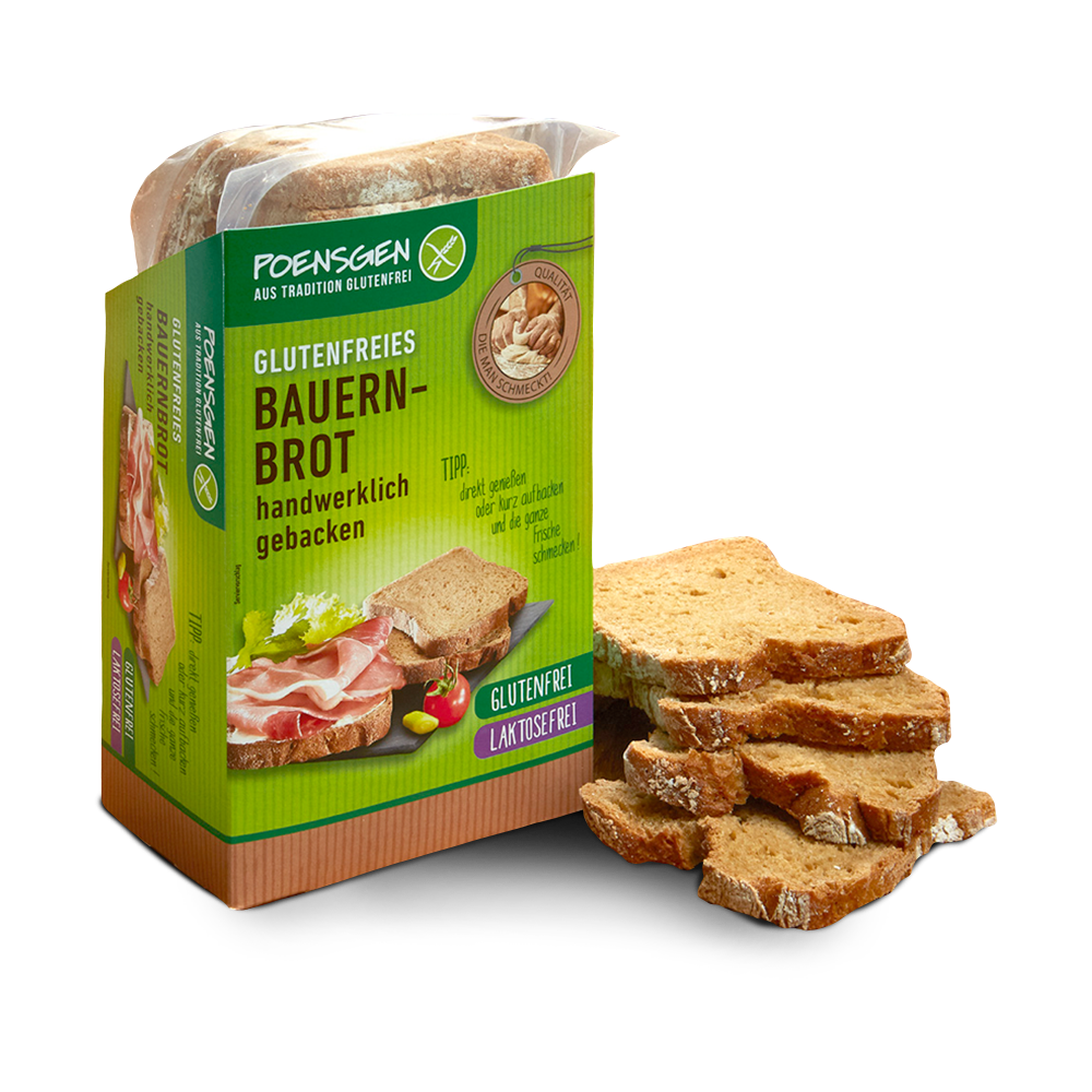 Vier Scheiben glutenfreies, laktosefreies Bauernbrot neben der Poensgen Produktpackung