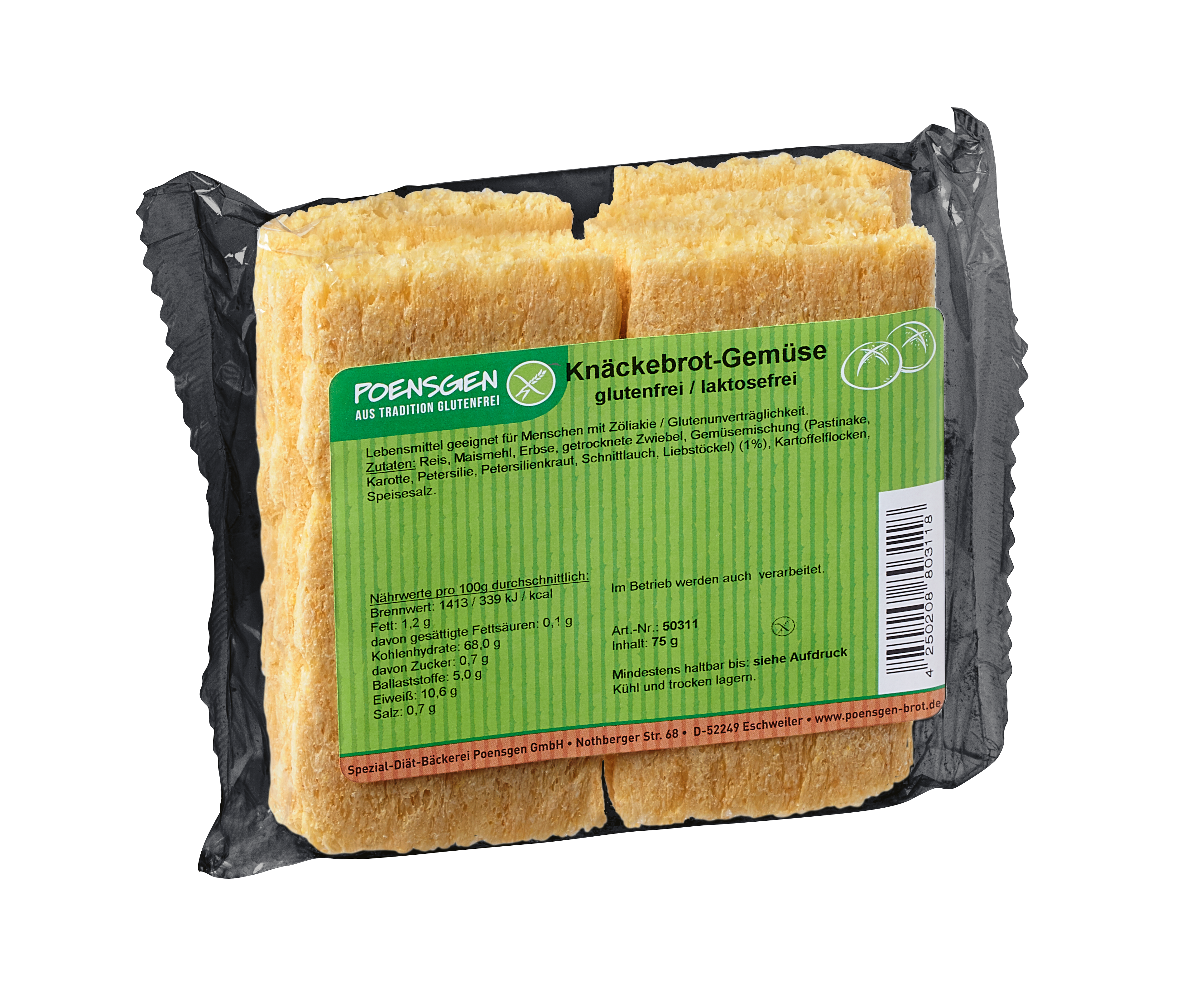 Plastikverpackung mit grün-braunem Etikett für das Poensgen glutenfreies Knäckebrot Gemüse