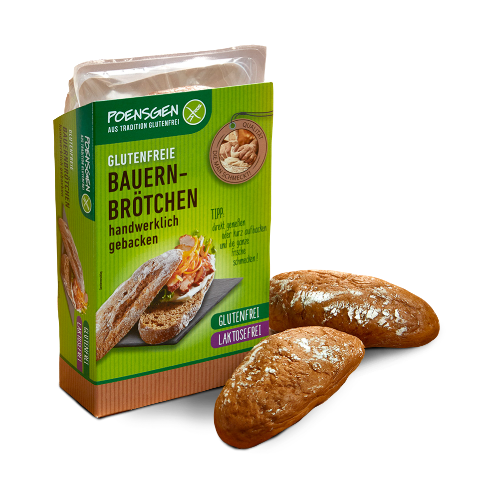 Zwei glutenfreie, laktosefreie Bauernbrötchen neben der Poensgen Produktpackung