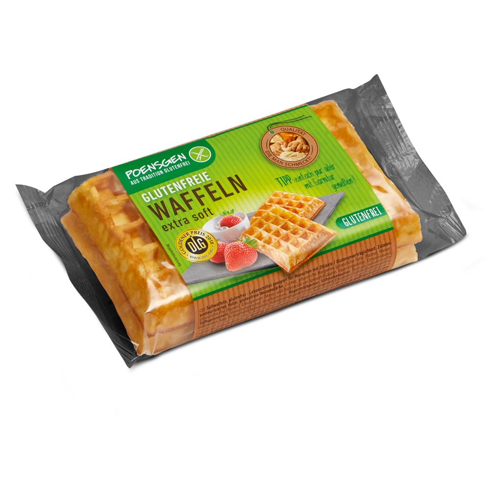 Zwei goldgelbe glutenfreie Softwaffeln in Produktverpackung mit grünem Poensgen Etikett