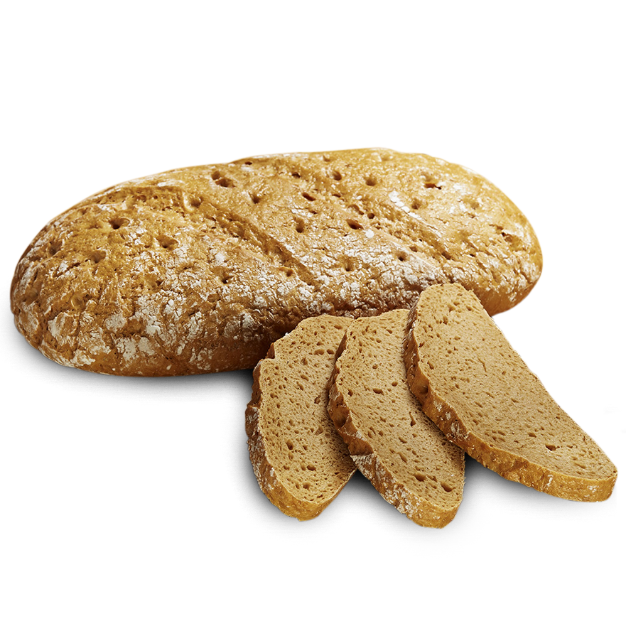 Ein ovaler Laib frisches, glutenfreies, laktosefreies Sauerteigbrot, daneben zwei Scheiben 