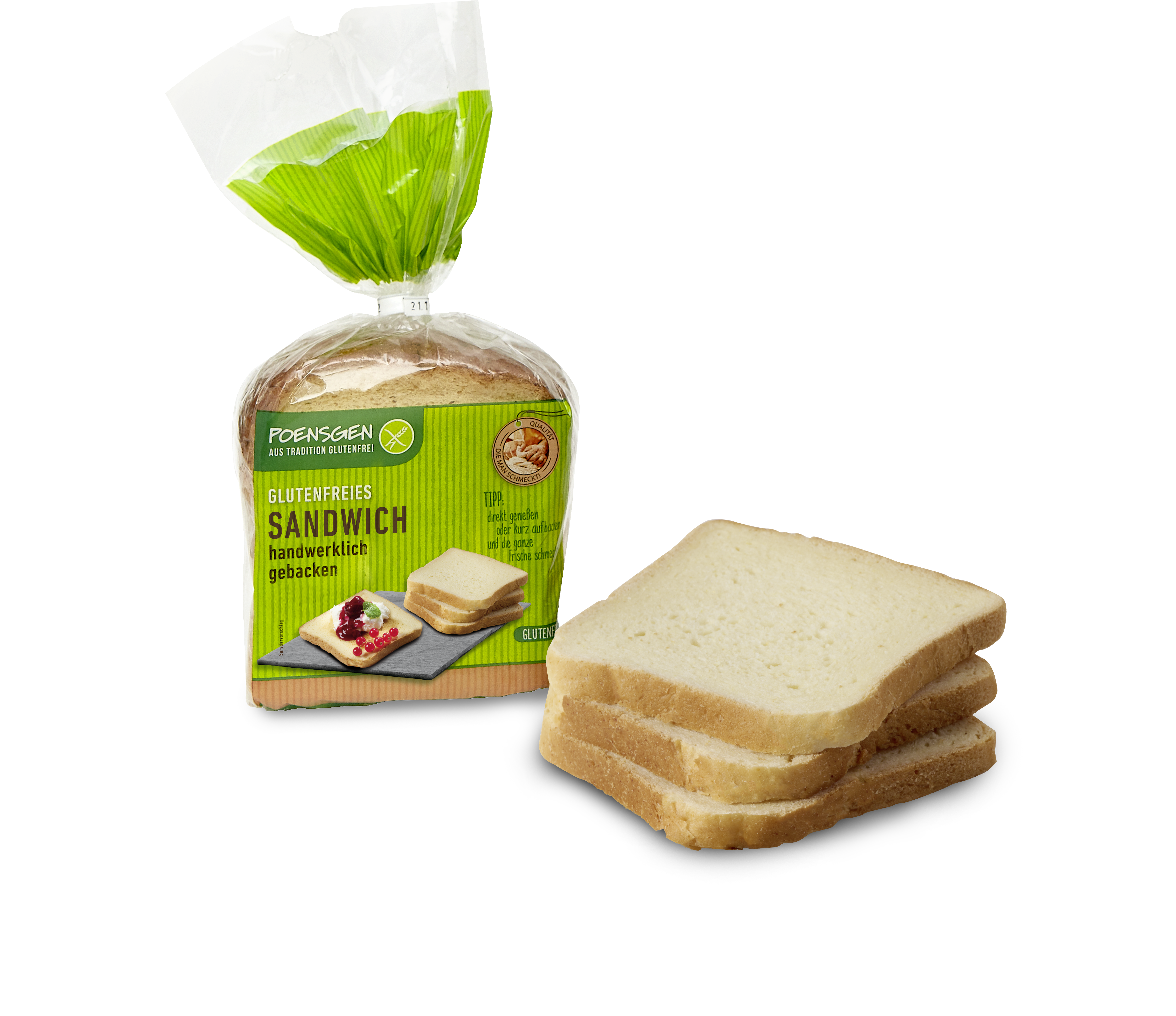 Drei helle Sandwichscheiben, daneben eine Produktpackung "Sandwich" im typischen grünen Poensgen-Design