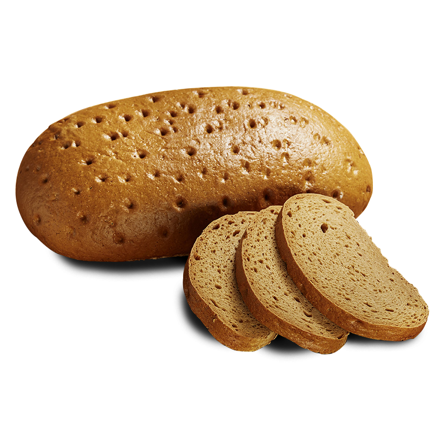 Ein ovaler Laib frisches, glutenfreies, dunkles Brot, daneben drei Scheiben