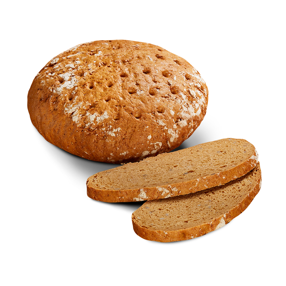 Ein runder Laib frisches, glutenfreies, laktosefreies Eifler, daneben zwei Scheiben 