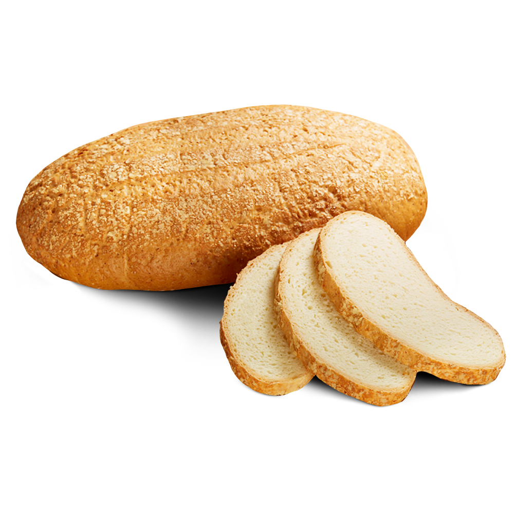 Ein ovaler Laib frisches, glutenfreies Kartoffelbrot, daneben drei Scheiben 