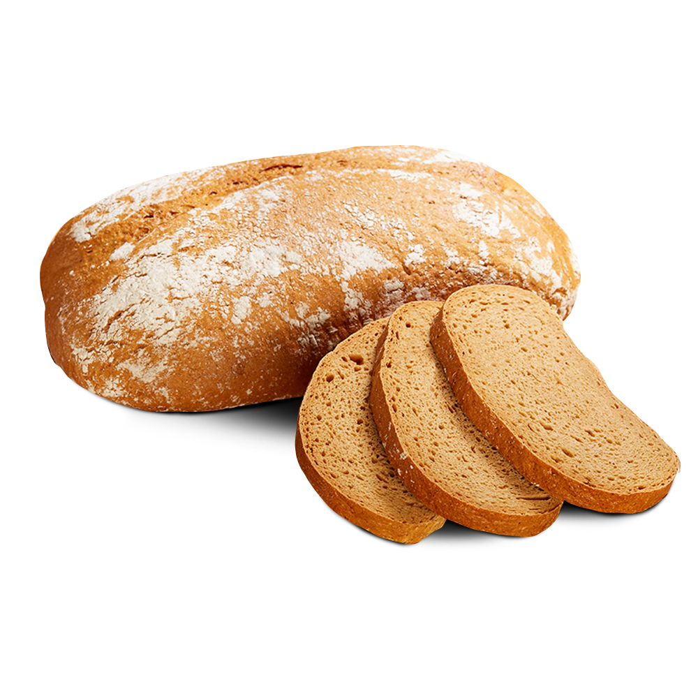 Ein ovaler Laib frisches, glutenfreies Buttermilchbrot, daneben drei Scheiben 