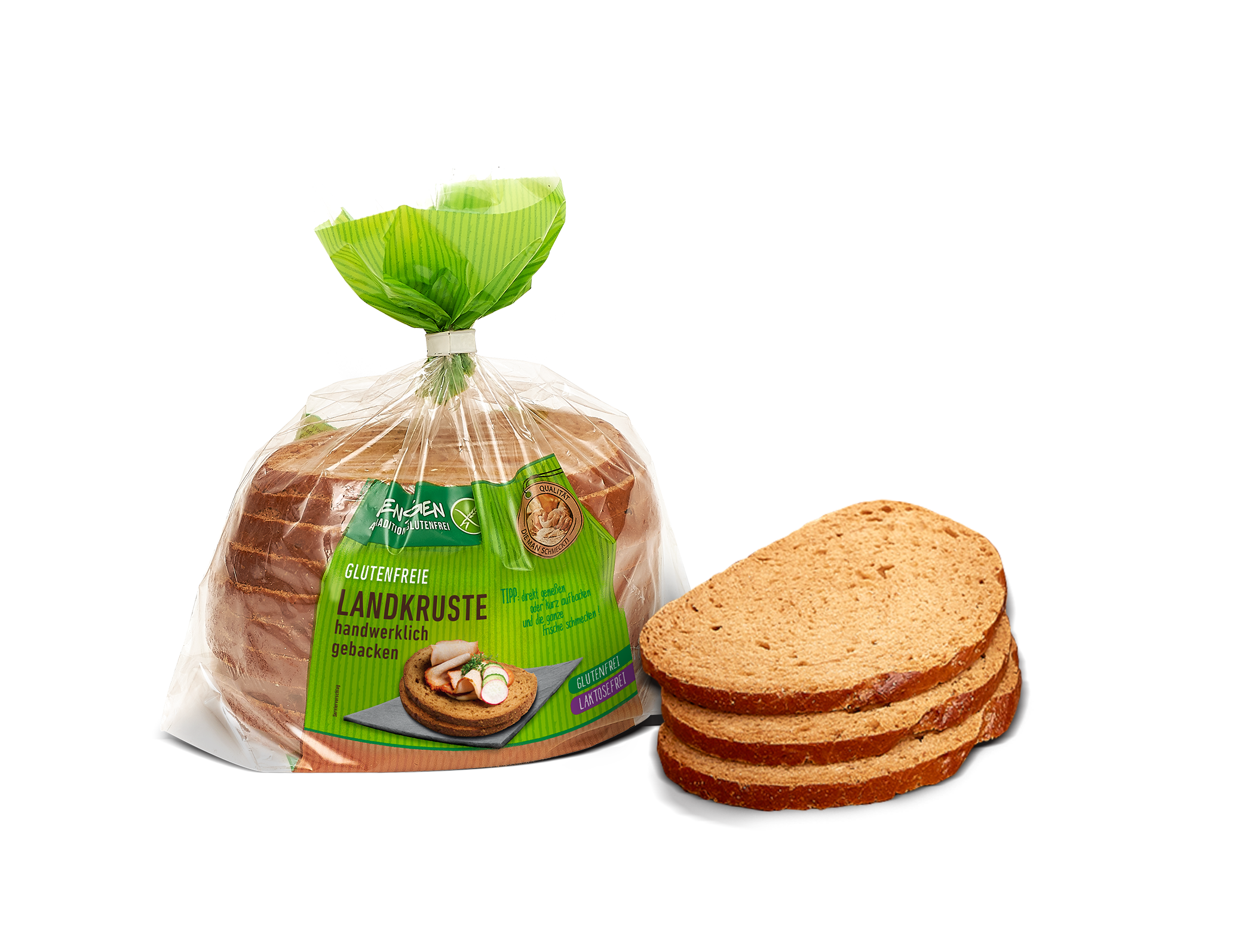 Drei braune Scheiben von Poensgen Landkruste, daneben die Produktverpackung, eine transparente Brottüte mit grünem Etikett
