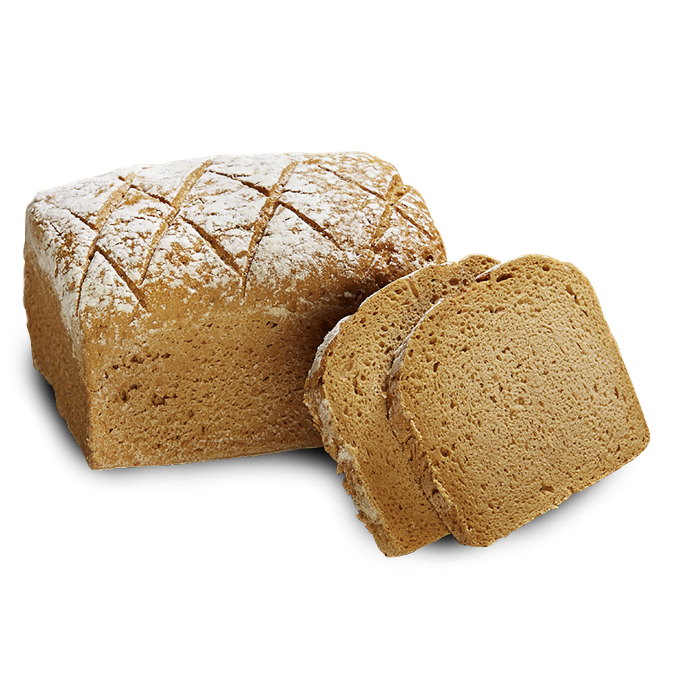 Ein mit Mehl bestäubtes, kastenförmiges, glutenfreies, laktosefreies Hirtenbrot, zwei Scheiben daneben