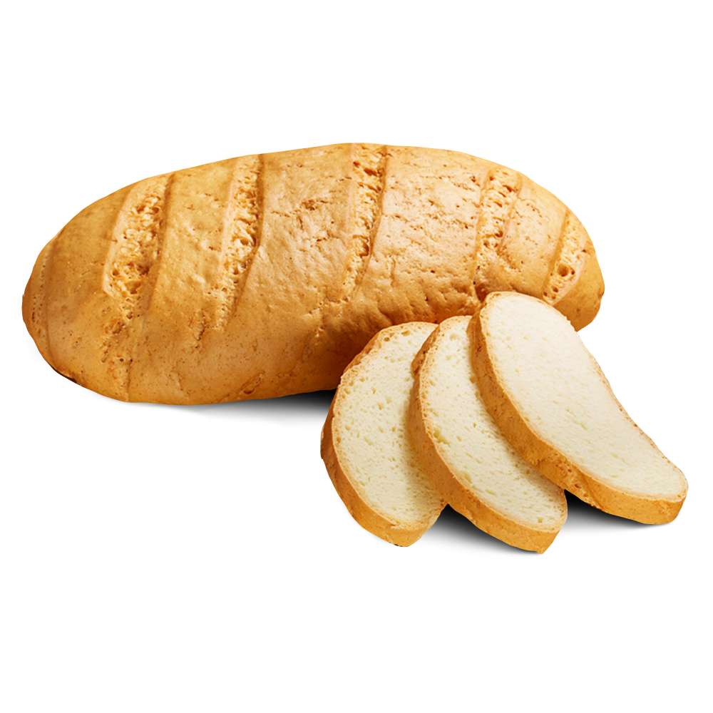 Drei Scheiben und ein ganzer Laib glutenfreies Poensgen Weißbrot mit goldgelber Kruste, laktosefrei