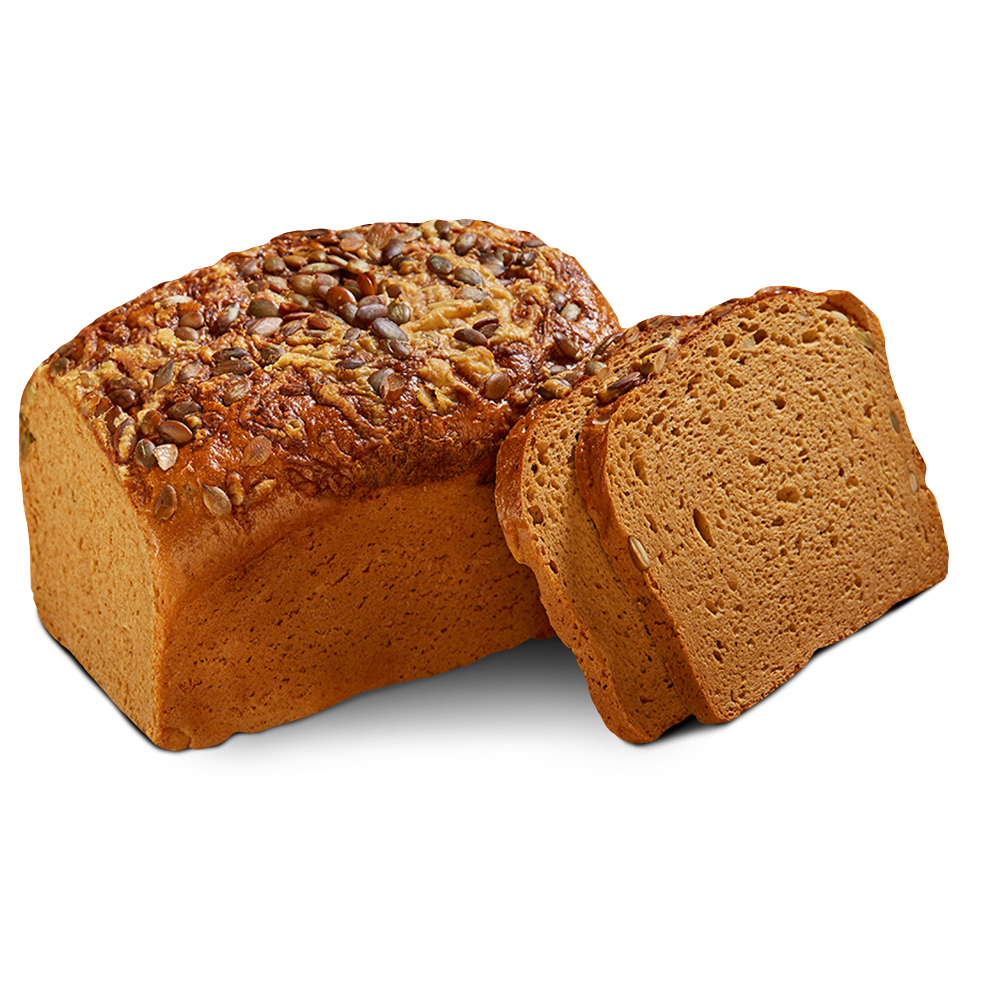 Kastenförmiges, glutenfreies Kürbis Country Brot mit Kürbiskernen bedeckt von Poensgen